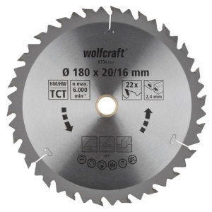 Panza pentru fierastrau circular Wolfcraft 6734000, diametru 180 mm, diametru interior disc 20 mm, latime taiere 2.4 mm, 22 dinti, seria maro.