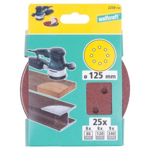 Set 25 foi abrazive Wolfcraft 2259100, prindere velcro, pentru lemn, D 125 mm, P80/120/240 - Img 2