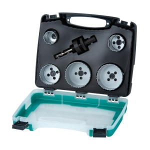 Set 6 piese pentru instalatii sanitare Wolfcraft 5422000, 5 carote bimetal diametru D 25, 35, 43, 54, 83 mm, 1 adaptor pentru carote bimetal cu burghiu de centrare - Img 1