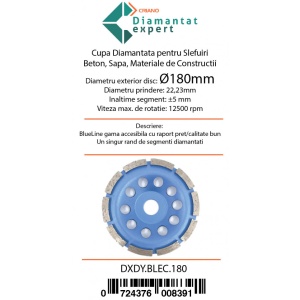 Disc cupa diamantata pentru slefuire Beton/Abrazive 180x22,2mm Standard Profesional - BlueLine - DXDY.BLEC.180 - Img 4