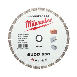 Disc diamantat Speedcross Milwaukee SUDD 350 mm, performanțe excepționale în materiale dure, cum ar fi betonul, pavajele și produsele din zidărie, taiere rapida