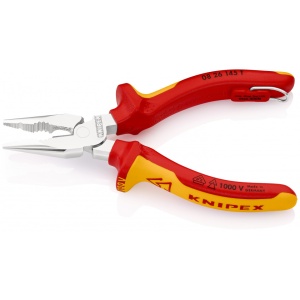 KNIPEX 08 26 145 T Cleşte combinat cu vârf izolat cu manșoane-multicomponent, verificat de VDE, cu cârlig de fixare integrat, izolat, pentru montarea unei siguranțe împotriva căderii cromat 145 mm - Img 2