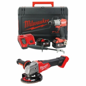 Pachet 2 scule Milwaukee - polizor unghiular 125 mm, masina de gaurit 135 Nm, 2 acumulatori 5 Ah, incarcator, valize