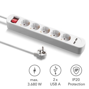 Prelungitor cu comutator, 5 prize + 2 USB, 3x1.5mm / 1.5m, 230V, Trotec, tip PVH5 - Img 4