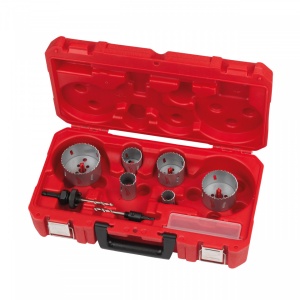 Set 10 buc carote MILWAUKEE Bi-metal pentru contractanți [ 6 x carote: ⌀ 25, 32 , 40 , 54 , 68 , 76 mm. Tijă de prindere pentru ⌀ 14 - 30 mm. Tijă de prindere pentru ⌀ 32 - 152 mm. 2 x burghie de centrare. 1 x cheie imbus. ]