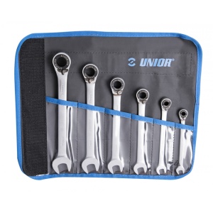 Set de 6 chei combinate forjate cu clichet in husa textila Unior 8-19 mm