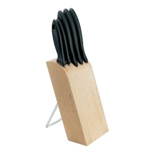 Set suport cu 5 cutite Fiskars, Essential, lame inoxidabile, suport lemn - Img 1