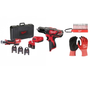 Kit Presa hidraulica 12V, M12 HPT, + Masina de gaurit 12V, 2 baterii, incarcator, geanta, accesorii, include bacuri (16/20/32mm)