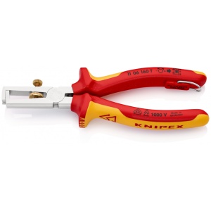 KNIPEX 11 06 160 T Clește dezizolator Cu arc de deschidere, universal izolat cu manșoane-multicomponent, verificat de VDE, cu cârlig de fixare integrat, izolat, pentru montarea unei siguranțe împotriva căderii cromat 160 mm
