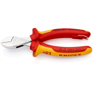 KNIPEX 73 06 160 T X-Cut® Şfic compact izolat cu manșoane-multicomponent, verificat de VDE, cu cârlig de fixare integrat, izolat, pentru montarea unei siguranțe împotriva căderii cromat 160 mm