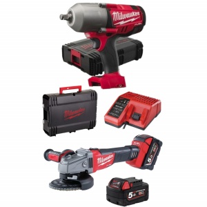 Pachet 2 scule Milwaukee - polizor unghiular 125 mm + cheie de impact 1/2" cuplu 1898 Nm + 2 baterii 5 Ah + incarcator + valize