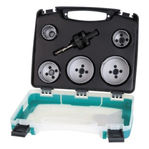 Set 6 piese pentru instalatii electrice si sanitare Wolfcraft 3764000, 5 carote bimetal diametru D 35, 40, 51, 65, 68 mm, 1 adaptor pentru carote bimetal cu burghiu de centrare - Img 1