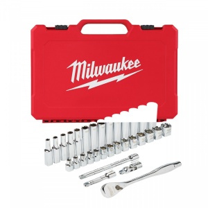 Set antrenor cu clichet ⅜″ Milwaukee + chei tubulare sistem metric (32 buc)