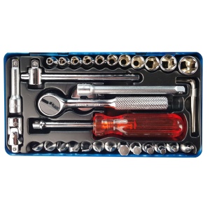 Trusa chei tubulare cu clicket Engineer TWS-04, metric, cutie metalica, chei tubulare 4-13, chei hexagonale, biti si accesorii, 34 piese, fabricata in Japonia - Img 2