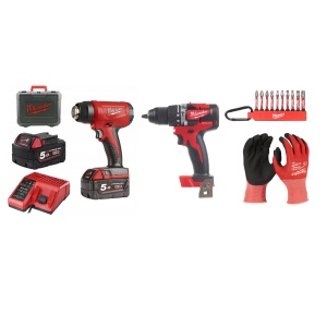 Kit Suflanta aer cald, BHG-502C, 18 V+ Masina de gaurit 18V, 2 baterii, incarcator, geanta, accesorii