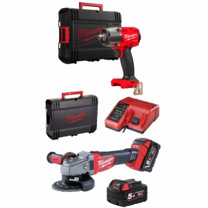 Pachet 2 scule Milwaukee - polizor unghiular 125 mm + cheie de impact 1/2" cuplu 881 Nm + 2 baterii 5 Ah + incarcator + valize