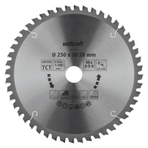 Panza pentru fierastrau circular de masa Wolfcraft 6547000, diametru 250 mm, diametru interior disc 20/30 mm, latime taiere 3.0 mm, 48 dinti, seria orange.