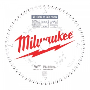 Pânze pentru fierăstrău tăieri înclinate Milwaukee (Diametru interior disc (mm): 30, Nr. dinți: 60, Diametrul exterior al pânzei (mm): 250, Lățime tăiere (mm): 2.8)