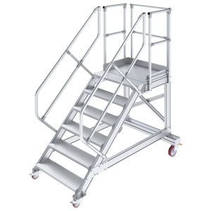 Scara cu podest mobila, cu trepte pe o parte, 6 trepte, latime trepte 600mm, 45° - Img 1