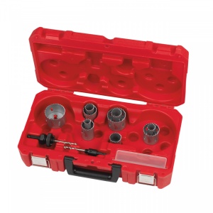 Set 14 buc carote MILWAUKEE Bi-metal pentru contractanți [ 10 x carote: ⌀ 19, 22 , 25 , 29 , 32 , 35 , 38 , 44 , 51 , 57 mm. Tijă de prindere pentru ⌀ 32 - 152 mm. 2 x burghie de centrare. 1 x cheie imbus ]