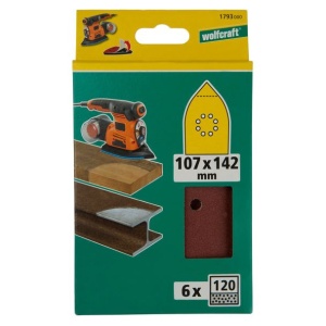 Set 6 foi abrazive autoadezive Wolfcraft 1793000, Gr. 120, perforate, 107x142 mm cu scai - Img 2