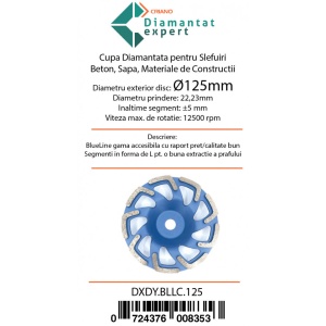 Disc cupa diamantata forma L pentru slefuire Beton/Abrazive 125x22,2mm Standard Profesional - BlueLine - DXDY.BLLC.125 - Img 4