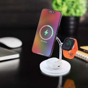 Încărcător wireless birou Tellur, 3-in-1, certificat MagSafe 15W, Watch 2.5W, TWS 5W, alb - Img 2