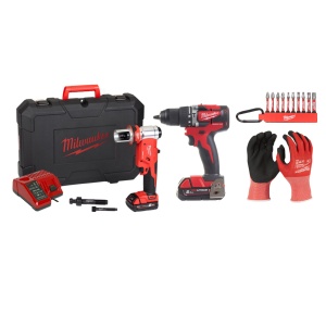 Kit Masina de stantat hidraulica, HKP-201C, 18V, 60kN + Masina de gaurit 18V, 2 baterii, incarcator, geanta, accesorii