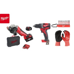 Kit Polizor unghiular cu acumulator, HD18 AG125-402C, 18 V+ Masina de gaurit 18V, 2 baterii, incarcator, geanta, accesorii