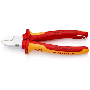 KNIPEX 70 06 180 T Tăietor lateral (șfic) izolat cu manșoane-multicomponent, verificat de VDE, cu cârlig de fixare integrat, izolat, pentru montarea unei siguranțe împotriva căderii cromat 180 mm