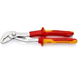 KNIPEX 87 26 250 T Cobra® VDE Clește high tech pentru pompe de apă, izolat izolat cu manșoane-multicomponent, verificat de VDE, cu cârlig de fixare integrat, izolat, pentru montarea unei siguranțe împotriva căderii cromat 250 mm