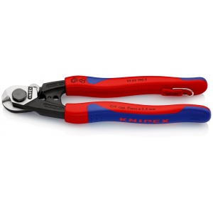 KNIPEX 95 62 190 T foarfece de tăiat cabluri de sârmă forjat cu manşoane multicomponent, cu cârlig de fixare integrat pentru montarea unei siguranţe împotriva căderii 190 mm