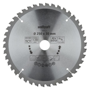 Panza pentru fierastrau circular de masa Wolfcraft 6583000, diametru 250 mm, diametru interior disc 30 mm, latime taiere 3.2 mm, 42 dinti, seria mov
