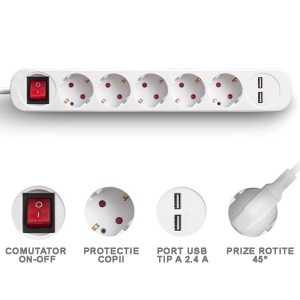 Prelungitor cu comutator, 5 prize + 2 USB, 3x1.5mm / 1.5m, 230V, Trotec, tip PVH5 - Img 5