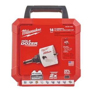 Set 14 buc carote MILWAUKEE Hole Dozer™ [ 10 x carote: ⌀ 19, 22, 25, 29, 32, 35, 38, 44, 51, 57 mm. Tijă de prindere pentru ⌀ 14 -30 mm (49567010). Tijă prindere pentru ⌀ 32 - 152 mm (49569100). 2 x burghie de centrare. Cheie imbus ⅛″ ] - Img 6