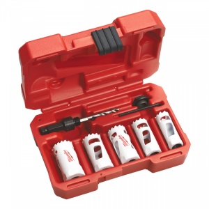 Set 7 buc carote MILWAUKEE Bi-Metal HOLE DOZER™ [ 5 x carote: ⌀ 19, 22, 25, 29, 32 mm. Tijă suport pentru ⌀ 14 - 30 mm (49567010). Distanțier și adaptor. Cheie imbus ⅛″ ]
