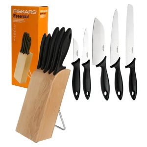 Set suport cu 5 cutite Fiskars, Essential, lame inoxidabile, suport lemn - Img 3
