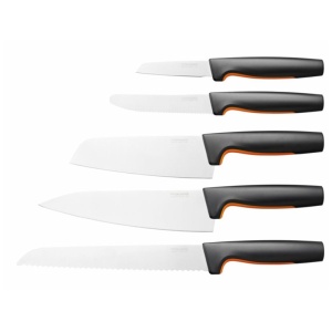 Set suport cu 5 cutite, Fiskars, Functional Form, lame inoxidabile, suport bambus - Img 4