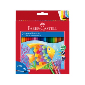 Creioane colorate hexagonale acuarelă + pensulă Faber-Castell 24 culori/set