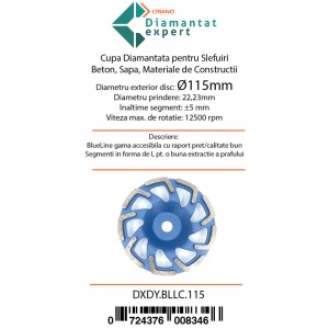 Disc cupa diamantata forma L pentru slefuire Beton/Abrazive 115x22,2mm Standard Profesional - BlueLine - DXDY.BLLC.115 - Img 4