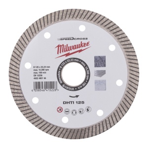 Disc diamantat Speedcross Milwaukee DHTI 125mm, pentru granit, piatră artificială și în special pentru plăci dure (gresie/porțelan) până la 20 mm grosime, taiere curata si precisa