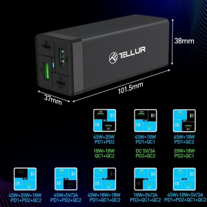 Încărcător priză Tellur PDHC2 65W (2xPD 2xQC3.0), EU,UK,US, negru - Img 6