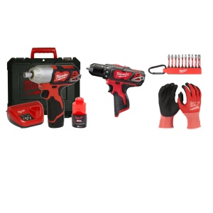 Kit Cheie de impact 1/2", BIW12-202C, 12V + Masina de gaurit 12V, 2 baterii, incarcator, geanta, accesorii
