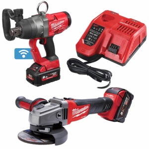 Pachet 2 scule Milwaukee - polizor unghiular 125 mm + cheie de impact 1" cuplu 2034 Nm + 2 bateri (5 Ah, 8Ah) + incarcator + valize