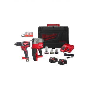 Pachet M18FPXP-H06502C Dispozitiv expandare Milwaukee, 2 baterii 5Ah, incarcator, valiza, 3 capete incluse 32/40/50, 6 bari + masina de gaurit 60 Nm + set 10 biti