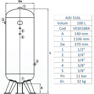 Rezervor de aer Fiac 100 l, vertical, 11bar, INOX AISI316L, Made in Italy - Img 2