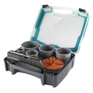 Set 7 piese Wolfcraft 3464000, 5 carote diamantate, diametru D 33, 53, 68, 73, 83 mm, adancime de taiere 55 mm, 1 Adaptor, 1 burghiu de centrare