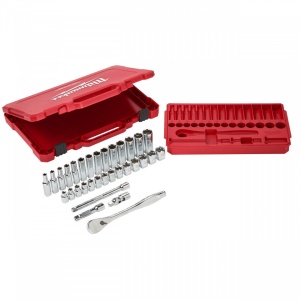 Set antrenor cu clichet ⅜″ Milwaukee + chei tubulare sistem metric (32 buc)
