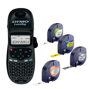 Set Imprimanta termica portabila DYMO LetraTag LT-100H tastatura ABC si 4 benzi originale DYMO 2 x hartie alba 1 x plastic galben si 1 x metalic argintiu