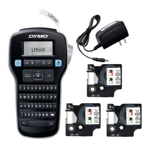 Start kit DYMO LabelManager 160 aparat etichetat cu 3 x Banda originala DYMO D1 12mm x 7m negru alb si 1 x Adaptor la retea S0946320 S0720530